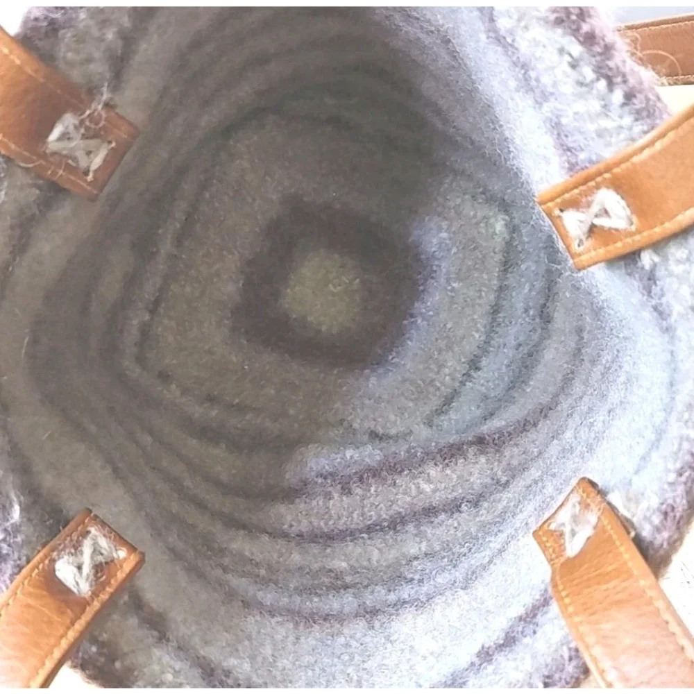 Artisan Handmade Fuzzy Wool Buckle Bag Purse Striped Glass Button Fold Over Top
